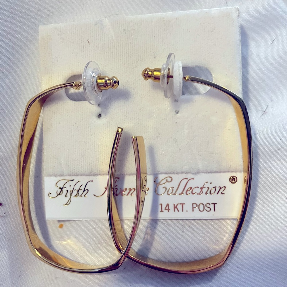 Gold soft edged rectangular hoop earrings with 14kt gold posts